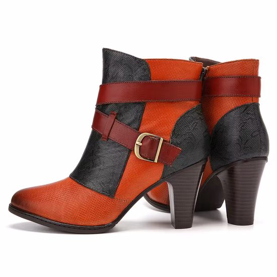 Böhmischer Chic-Stil, Lederspleißung, kurze Damenstiefel mit hohem Absatz