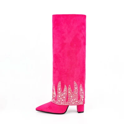 Neuankömmling 2023 Hot Pink Wildleder Stoff Lange Stiefel für Frauen mit Absätzen Mode Wide Wade Fold Over Knee High Shark Lock Stiefel Frauen
