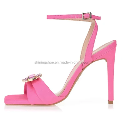 2023 African Hot Sale Sandaletten Sommer Pink Satin Diamant Damenschuhe Party Sandalen