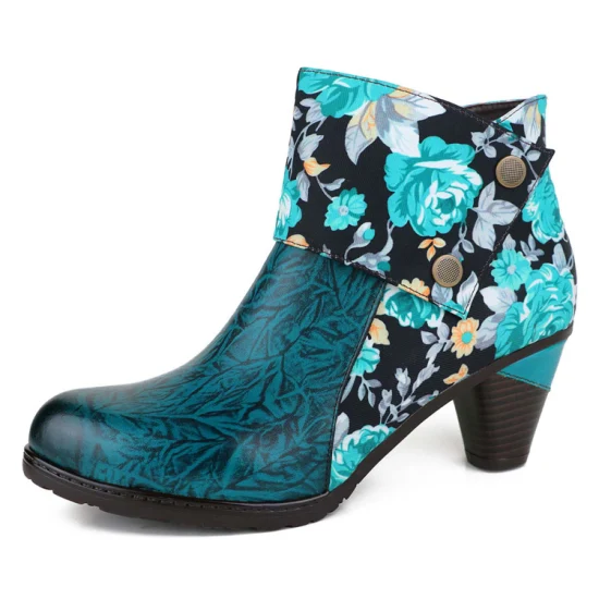 Handgefertigte High-Heel-Stiefel mit geprägtem Blumenmuster aus echtem Leder