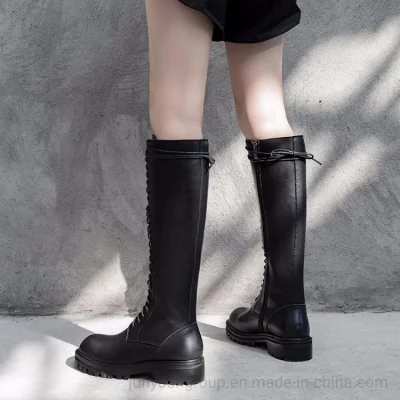 Günstige große Damen-Kniehohe Stiefel, quadratischer hoher Absatz, Waden-flacher Bootie-Knöchel-Doppelschnallen-Kleid, lange Stiefel