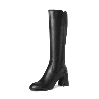 Kniehohe Stiefel aus schwarzem Leder mit 7 cm Absatz und langen Stiefeln für Damen